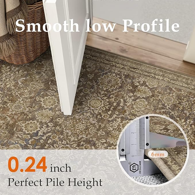 2x6 Runner Rug Brown Vintage Hallway Carpet Indoor Kitchen Washable Living Room Low Pile Traditional Distressed Retro Floral Accent Throw Rug Non Slip Laundry Bathroom Office Dining Room