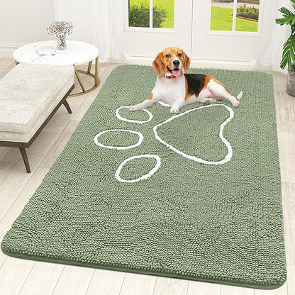 OLANLY Dog Door Mat for Muddy Paws 59x35, Paw Print Design, Absorbs Moisture and Dirt, Non-Slip Washable Doormat, Quick Dry Chenille Mud Mat for Dogs, Entry Indoor Entryway Carpet, Sage Green