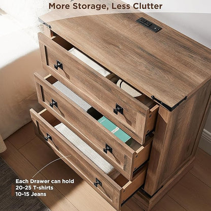 T4TREAM 32" Farmhouse Nightstand with Charging Station, Large End Table with 3 Storage Drawers, Rustic Wood Bedside Table for Bedroom, Living Room, Rustic Oak