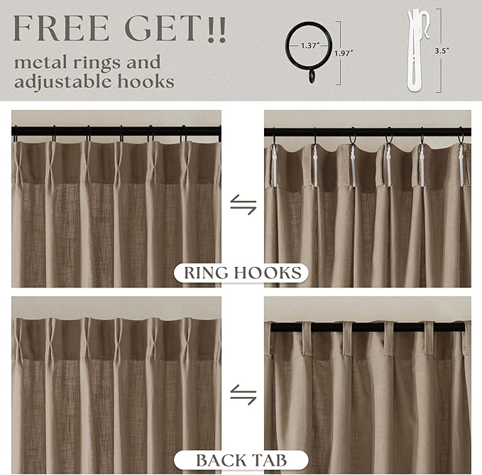Tan Brown Linen Pinch Pleated Curtains 108 Inches Long 2 Panels for Living Room Bedroom Light Filtering Drapes 108 Inch Length Light Brown Latte Semi Sheer Memory Shape Trained Ceiling Floor Curtain