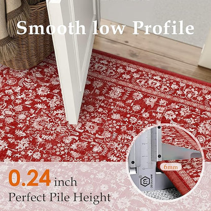 Christmas Area Rug 3x5 Red Washable Office Carpet Holiday Door Mat Vintage Low Pile Distressed Retro Floral Throw Non Slip Soft Decorative Xmas Rug for Entryway Kitchen Bedroom Bathroom