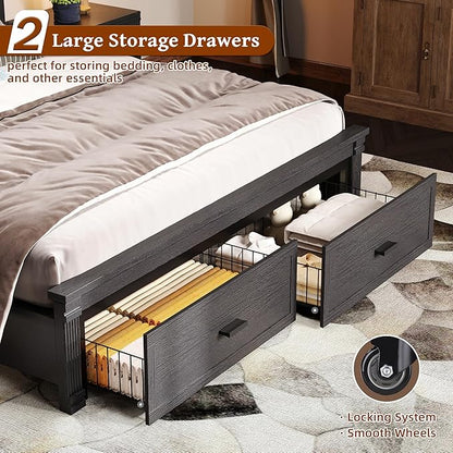 53" Tall King Bed Frame with Headboard and Storage, 2 Drawers and LED Built in Charging Station Bed Frame King Size with Farmhouse Roman Column Decoration,No Box Spring Needed (Black)