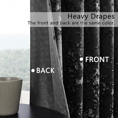 SMILETIME Black Crushed Velvet Curtains 52x108inch Rod Pocket Luxurious Thermal Insulated Soundproof Drapes Soft and Durable Light-Filtering Window Treatments for Living Room Bedroom, 2 Panels