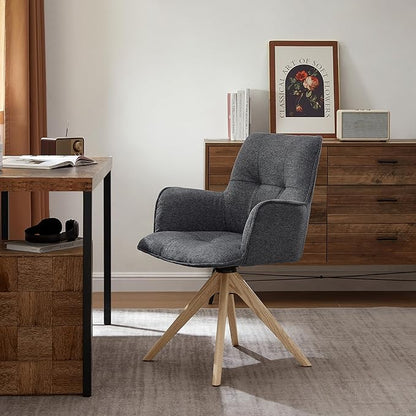 Art Leon Swivel Office Chair - Mid Century Modern Desk Chair No Wheels, Fabric Upholstered Accent Chair with Oak Wood Legs for Small Space Living Room Bedroom, Set of 2, Dark Gray