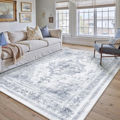 Washable Rug 6x9 Area Rug for Living Room Blue Vintage Boho Medallion Large Distressed Retro Carpet Non Slip Indoor Low Pile Small Soft Bedroom Dining Room Home Office