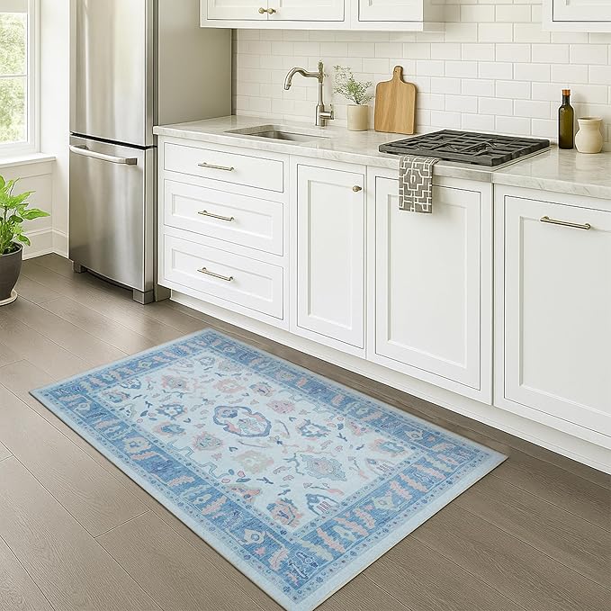 Fame Rugs Blue Modern Oushak Rug 3x5, Washable Vintage Turkish Colorful Oriental Antique Inspired Foldable Small Area Rugs, Luxury Living Room Bedroom (995BB, 2'6" x 5')