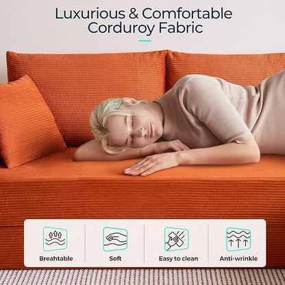 LINSY HOME Convertible Sofa Bed with 2 Pillows & Ottoman, Boneless Couch Folding Modular Sectional Sleeper Sofa, L Shaped Sofas Corduroy Couch Bed Compression Sofa for Living Room Apartment, Orange