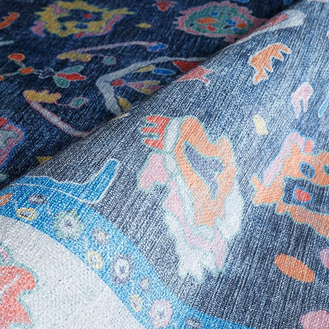 Fame Rugs Blue Modern Oushak Rug 3x5, Washable Vintage Turkish Colorful Oriental Antique Inspired Foldable Small Area Rugs, Luxury Living Room Bedroom (387BNB, 2'6" x 5')