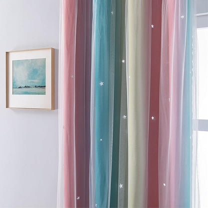 XiDi Curtains for Bedroom Decor, Rainbow Pink-Blue-34-90