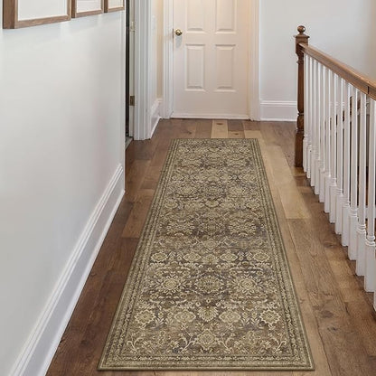2x8 Runner Rug Brown Vintage Hallway Long Carpet Indoor Kitchen Washable Living Room Low Pile Traditional Distressed Retro Floral Accent Throw Rug Non Slip Laundry Bathroom Office Dining Room