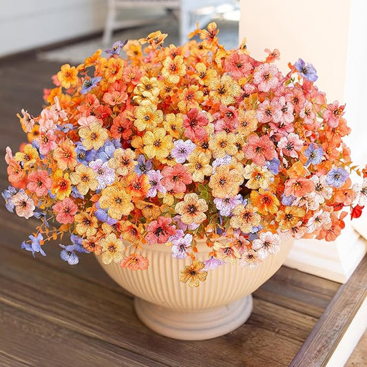 HyeFlora Artificial Fall Flowers Faux Mums for Outdoor Indoor Garden Home Decoration, Faux Flower Daisy with Eucalyptus Leaves Fake Plants Greenery Boxwood Porch Patio, 12 Bundles (6 Fall Multicolor)