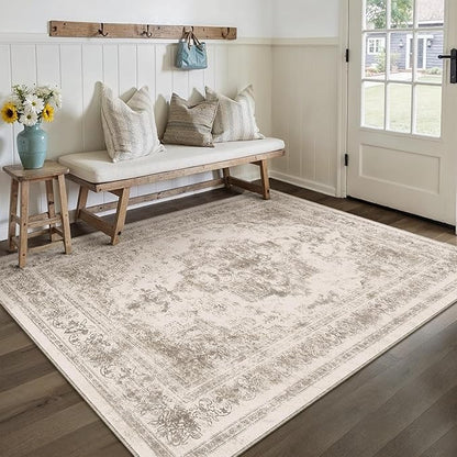 Area Rug 4x6 Beige Washable Office Entryway Vintage Medallion Carpet Non Slip Retro Indoor Mat Low Pile Soft Distressed Small Rug for Bedroom Kitchen Laundry Dining Room