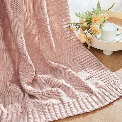 CozeCube Check Knit Throw Blanket, Pink Checkered Throw for Couch, Decorative Christmas Soft Cozy Warm Knitted Blanket for Bed Sofa Living Room, 50"X60"