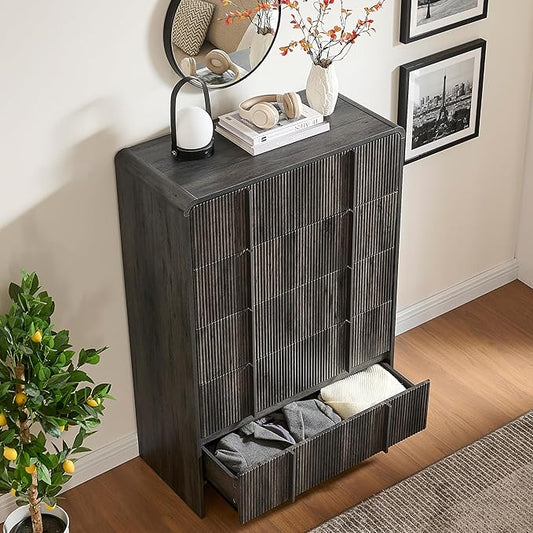 AMERLIFE Fluted 5 Drawer Dresser, 48" Tall Modern Chest of Drawers with Pine Handles, Rounded Corners & Anti-Tip Design, Wood Drawer Organizer for Bedroom, Living Room, Hallway, Black