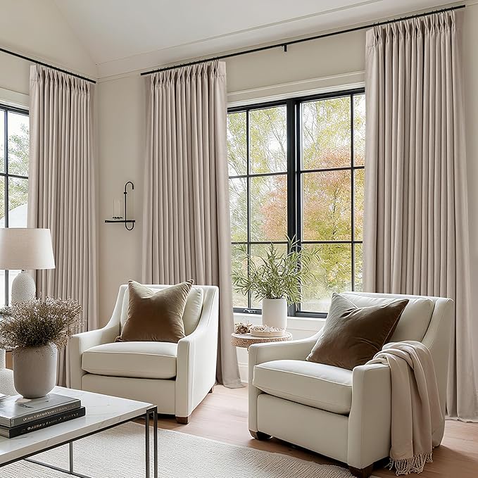 Burlywood Birch Linen Pinch Pleated Blackout Curtains 84 Inches Long for Bedroom Living Room Darkening 100% Black Out Pinch Pleat Drapes with Liner Farmhouse Neutral 84 Inch Curtain for Dining Room