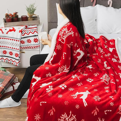 PAVILIA Red Reindeer Christmas Sherpa Throw Blanket, Ultra Soft Reversible Fleece Sherpa 50x60 Winter Blanket for Couch & Bed, Cozy Christmas Home Decor Holiday