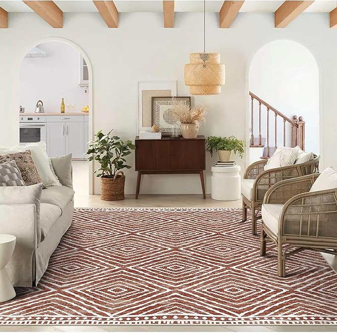 4x6 Rug, Small Area Rug for Living Room, Bedroom, Kitchen, Machine Washable Non-Slip Throw Rug, Low Pile Carpet Western Rug for Entryway Nursery Coffee Table, Brown Red