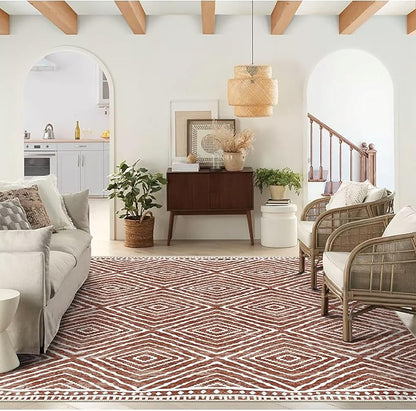 4x6 Rug, Small Area Rug for Living Room, Bedroom, Kitchen, Machine Washable Non-Slip Throw Rug, Low Pile Carpet Western Rug for Entryway Nursery Coffee Table, Brown Red