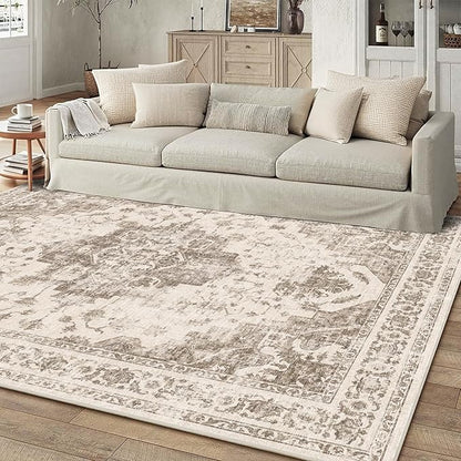 5x7 Vintage Washable Area Rugs Boho Medallion Large Distressed Retro Accent Carpet Floral Non-Slip Soft Low Pile Indoor Throw Rug for Living Room Bedroom Dining Room Office Kitchen, Taupe