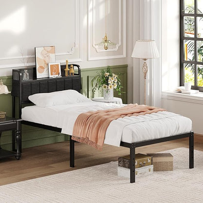16 Inch Twin XL Bed Frames with Storage Headboard, Modern Design Metal XL Twin Bed Frame No Box Spring Needed, Easy Assembly, Black