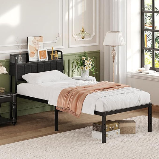 16 Inch Twin XL Bed Frames with Storage Headboard, Modern Design Metal XL Twin Bed Frame No Box Spring Needed, Easy Assembly, Black