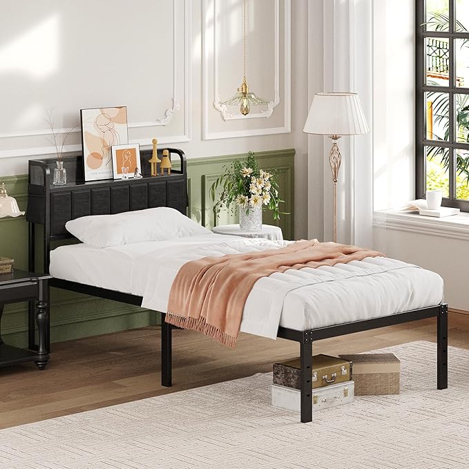 16 Inch Twin Bed Frames with Upholstered Storage Headboard, Sturdy Single Bed Frame, No Box Spring Needed Twin Platform, Black