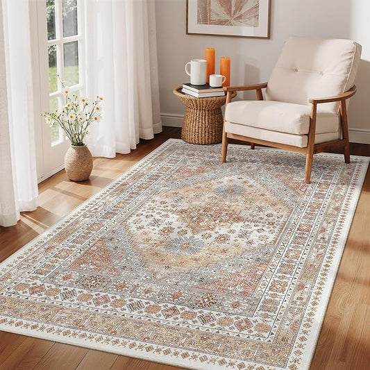 zesthome 4x6 Rug - Stain Resistant Washable Rug, Anti Slip Backing Rugs for Living Room, Foldable Vintage Small Area Rugs(Orange,4'x6')