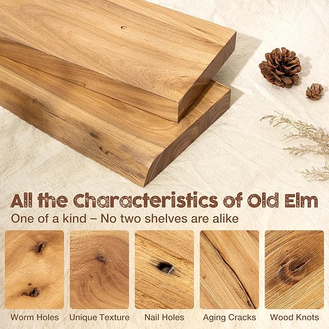 fuqing Floating Shelves for Wall, 48 inch Rustic Solid Elm Wood Floating Shelves, Wooden Wall Shelves with Invisible Heavy Duty Brackets for Living Room, Bedroom, Kitchen, Bathroom, 1 Pack, Natural