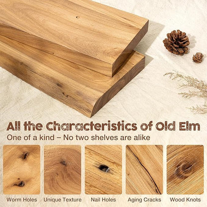 fuqing Live Edge Floating Shelves for Wall 55 inch, 8 Inch Deep Solid Elm Wood Floating Wall Shelves - Rustic Wooden Shelves with Invisible Brackets for Living Room Bedroom Kitchen, 1 Pack, Natural