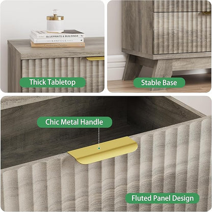 Fluted Nightstand, 24" Wide Side Table with 3 Large Storage Drawers, Mid Century Modern Wood Night Stand with Metal Handle, Wooden Bedside End Table for Bedroom, Living Room, Closet, Grey