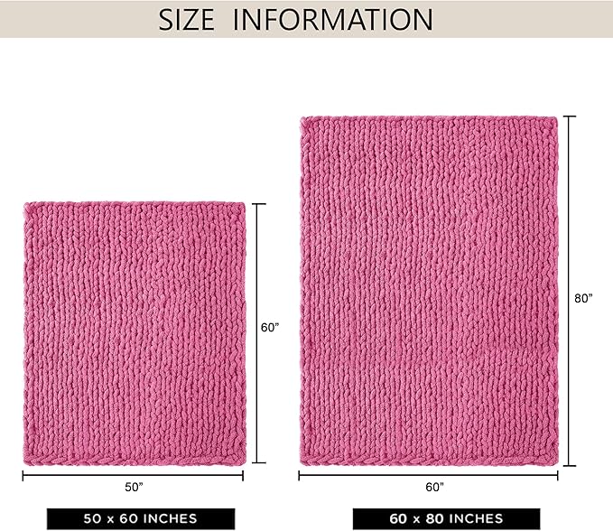 Chunky Knit Throw Blanket 50"X 60", 100% Handmade with Soft Chenille Yarn, 4.4lbs Thick Cable Knitted Blankets, Large Rope Knot Crochet Throws for Couch Sofa Bed Home Decor, Hot Pink