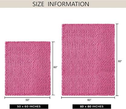 Chunky Knit Throw Blanket 50"X 60", 100% Handmade with Soft Chenille Yarn, 4.4lbs Thick Cable Knitted Blankets, Large Rope Knot Crochet Throws for Couch Sofa Bed Home Decor, Hot Pink