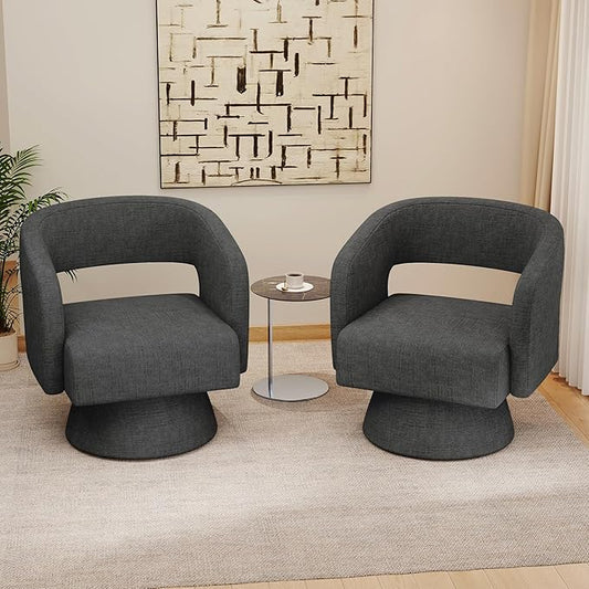 Swivel Accent Chair Set of 2, Modern Comfy Chenille Barrel Chairs, Oversized Upholstered Round Arm Chair for Living Room, Bedroom, Reading Room, Black