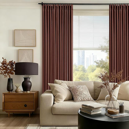Reddish Brown Linen Blackout Pleated Curtains 90 Inches Long for Living Room Darkening Pinch Pleat 100% Black Out Drapes Thermal Insulated Soundproof Rust Brown 90 Inch Curtain for Dining Bedroom