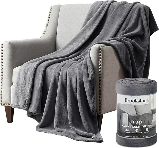 Brookstone Nap Plush Throw Blanket for Couch | Warm & Super Soft Blanket with Unmatched Heavy, Dense, and Ultra-Comfy Throw | Luxurious Drape, Cozying Up on a Sofa, Chair | Silver