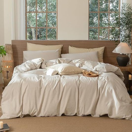 MooMee Striped Duvet Cover Set 100% Washed Cotton Linen Like Textured Breathable Durable Soft Comfy (Tannish Linen Grey White Pinstripes, Queen 90"x90")