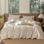 MooMee Striped Duvet Cover Set 100% Washed Cotton Linen Like Textured Breathable Durable Soft Comfy (Tannish Linen Grey White Pinstripes, Full 80"x90")