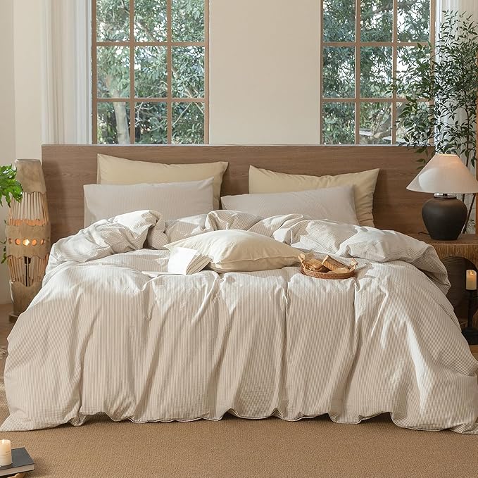 MooMee Striped Duvet Cover Set 100% Washed Cotton Linen Like Textured Breathable Durable Soft Comfy (Tannish Linen Grey White Pinstripes, Super King Plus 120"x120")