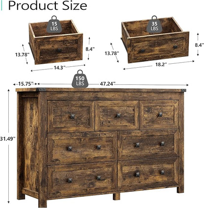 Dresser for Bedroom with 7 Drawers, Farmhouse Wood Chest of Drawers, Wide TV Stand Closet Storage Furniture with Metal Handle, Modern Clothes Organizer for Hallway, Living Room, Entryway, Brown