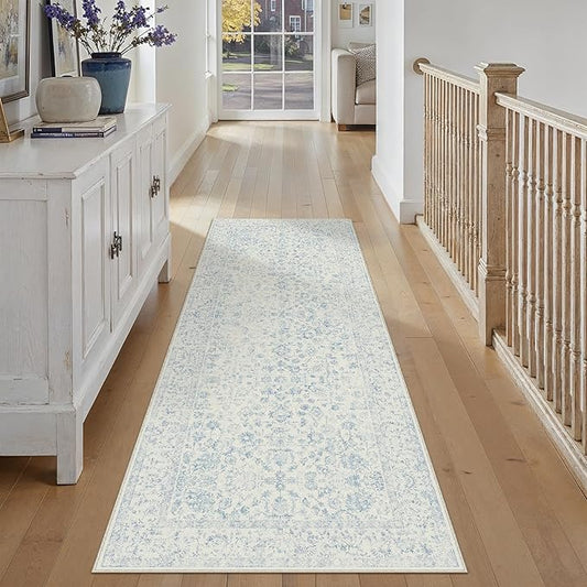 3x8 Blue Runner Rug Hallway Non Slip Kitchen Vintage Distressed Long Carpet Indoor Machine Washable Retro Floral Bedroom Accent Throw Rug for Office Laundry Bathroom Dining Living Room