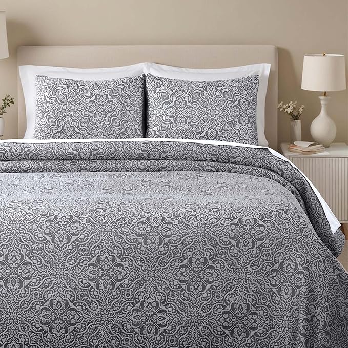 Superior 3 Piece Bedspread Set, Home Bed Decor, Decorative Bed Spread, 2 Pillow Shams, Medium Weight Blanket, Floral Matelasse Coverlet, Bedding Essentials, Enzy Collection, Full, Charcoal