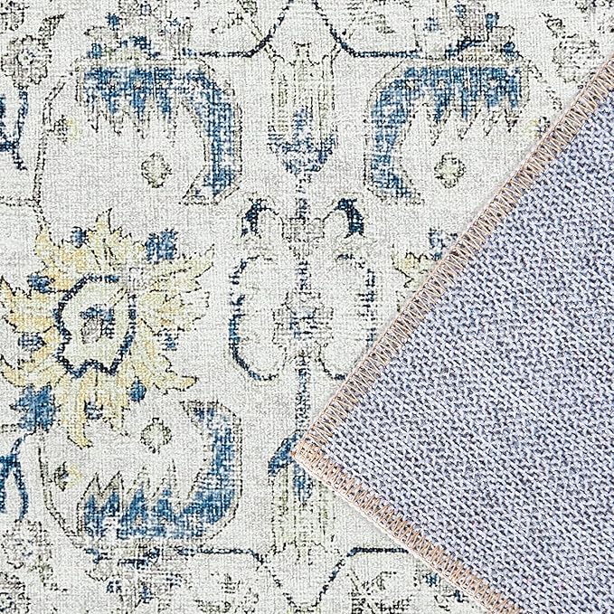 jinchan Kalen Runner Rug 2x7 Washable Hallway Rug Vintage Indoor Thin Retro Floor Cover Distressed Floral Country Lightweight Non Slip Carpet for Entryway Bathroom Bedroom Living Room Stairway Blue
