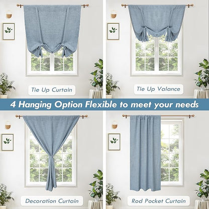 DriftAway Double Layer Linen Blackout Tie Up Curtains Thermal Insulated Fully Lined Balloon Roman Shade Bathroom Window Adjustable Rod Pocket for Small Window 39 Inch by 55 Inch Dusty Blue