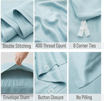 Bella Coterie Luxury Bamboo Viscose Queen Size Duvet Cover Set | 100% Organically Grown | Corner Ties | Ultra Soft | Cooling | Two Pillow Shams | 90 x 94 | No Insert [Coastal Blue]