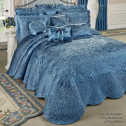Touch of Class Portia Luxury Bedding | Rich Sapphire Blue | Premier Quilted Polyester Satin | Romantic Hand Guided Machine Quilted Scroll Design 3 Piece Set: King Oversized Bedspread, 2 King Shams