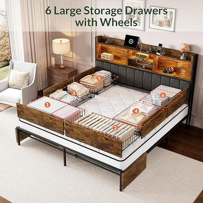 LARMACE King Bed Frame with 6 Storage Drawers, Bed Frame King Size with Linen Upholstered Headboard, Built in Charging Station and LED, No Noise, Metal Support, No Box Spring Needed,Vintage Brown