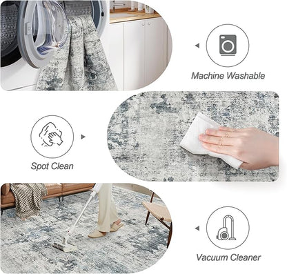 Abstract Rug 8x10 Large Living Room Rugs Neutral Modern Washable Area Rugs for Bedroom Dining Room Non-Slip Stain Resistant Foldable Thin Rug Gray Blue
