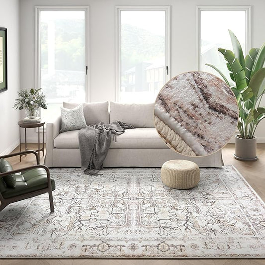 jinchan Lima 8x10 Area Rug for Living Room Washable Soft Rug Ultra-Thin Stain Resistant Non-Slip Distressed Vintage Floral Large Carpet for Bedroom Dining Room Home Office Nursery (8x10ft, Taupe)