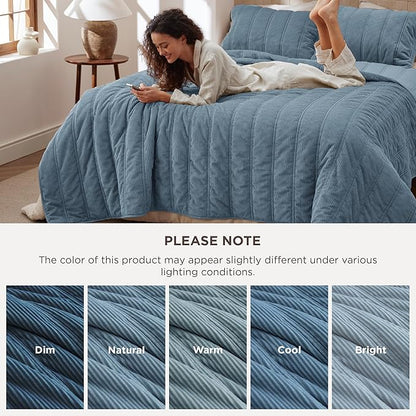 Bedsure Luxury Velvet Quilt Queen Size - Lightweight Velvet Blue Fluffy Comforter Set, Oversized Corduroy Bedspread Coverlet Winter Bedding Set, Pet-Friendly, Tear-Resistant, Ultra-Soft, 90"x96"