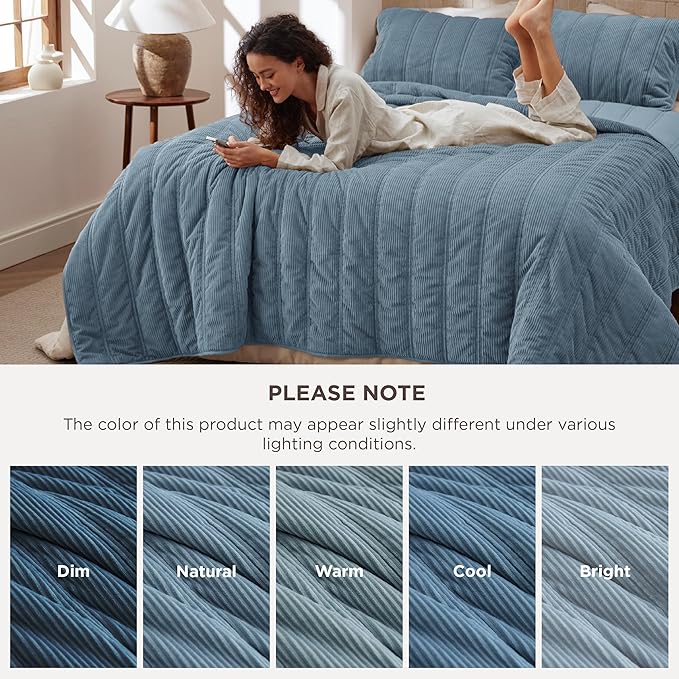 Bedsure Luxury Velvet Quilt King Size - Lightweight Velvet Blue Fluffy Comforter Set, Oversized Corduroy Bedspread Coverlet Winter Bedding Set, Pet-Friendly, Tear-Resistant, Ultra-Soft, 106"x96"